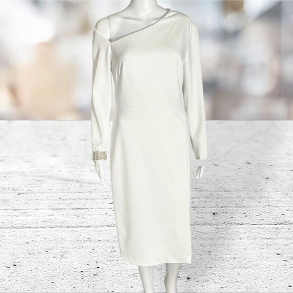 Aidan Mattox White Asymmetrical Neckline Long Sleeve Jeweled Wrist Dress - Picture 1 of 8